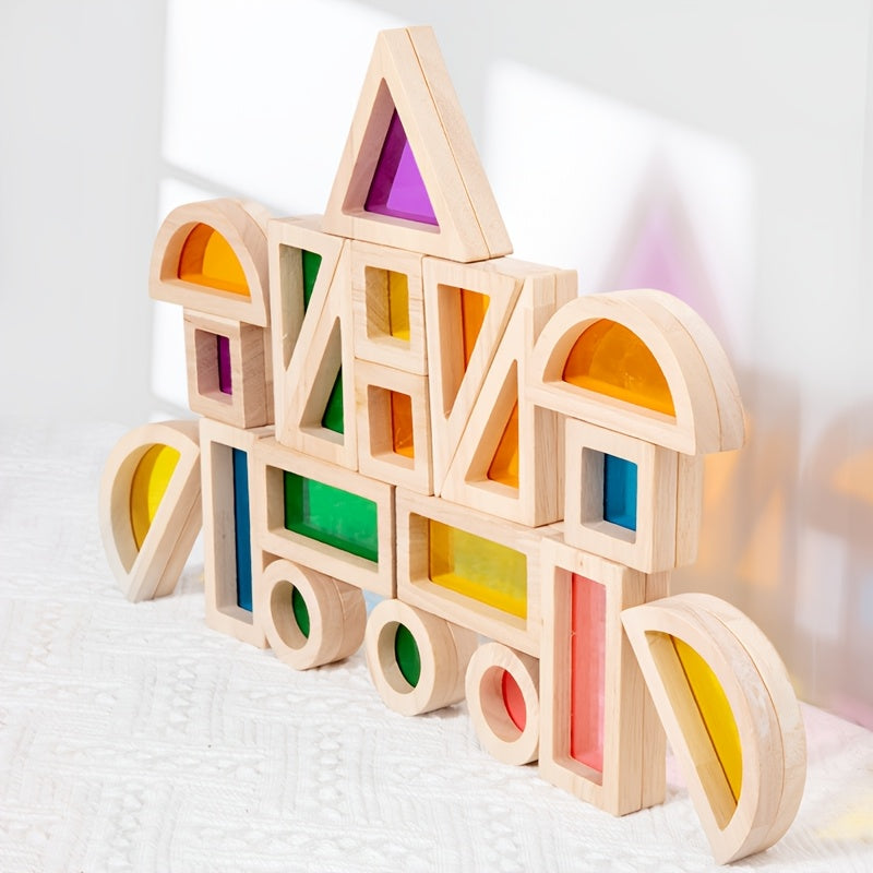 Wooden Building Blocks with Wood Frame & Acrylic Panels - Rainbow Multicolor Puzzle Play, Shape Sorting & Learning Suitable for, Parent-Child Interactive Creative Building Blocks (Ideal Gift)