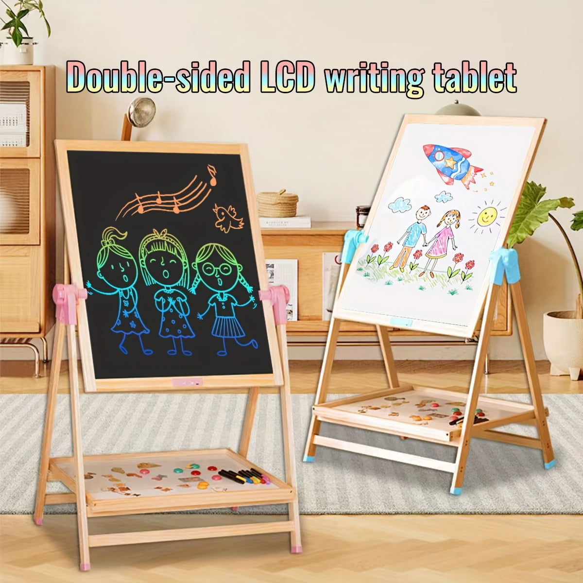 One Colorful LCD Writing Tablet Designed for Children, Featuring a Dual-Sided Writing Surface, an Electronic Whiteboard, And an Adjustable Stand Suitable for Home, Office, And Classroom Settings, Perfect for Teaching, Drawing, And Writing