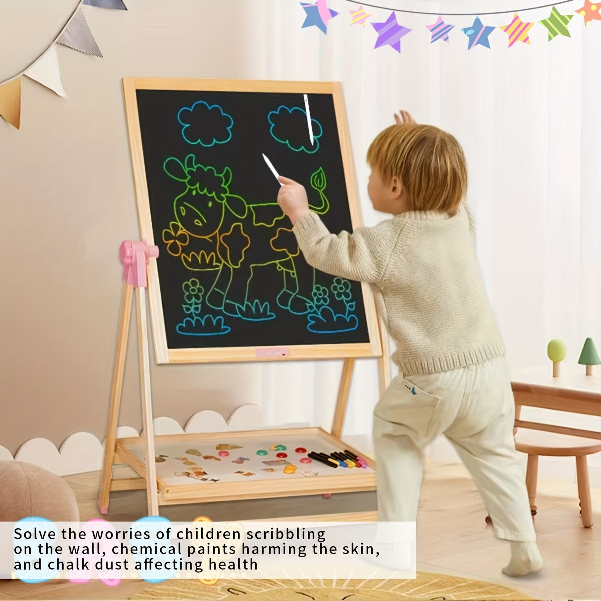 One Colorful LCD Writing Tablet Designed for Children, Featuring a Dual-Sided Writing Surface, an Electronic Whiteboard, And an Adjustable Stand Suitable for Home, Office, And Classroom Settings, Perfect for Teaching, Drawing, And Writing
