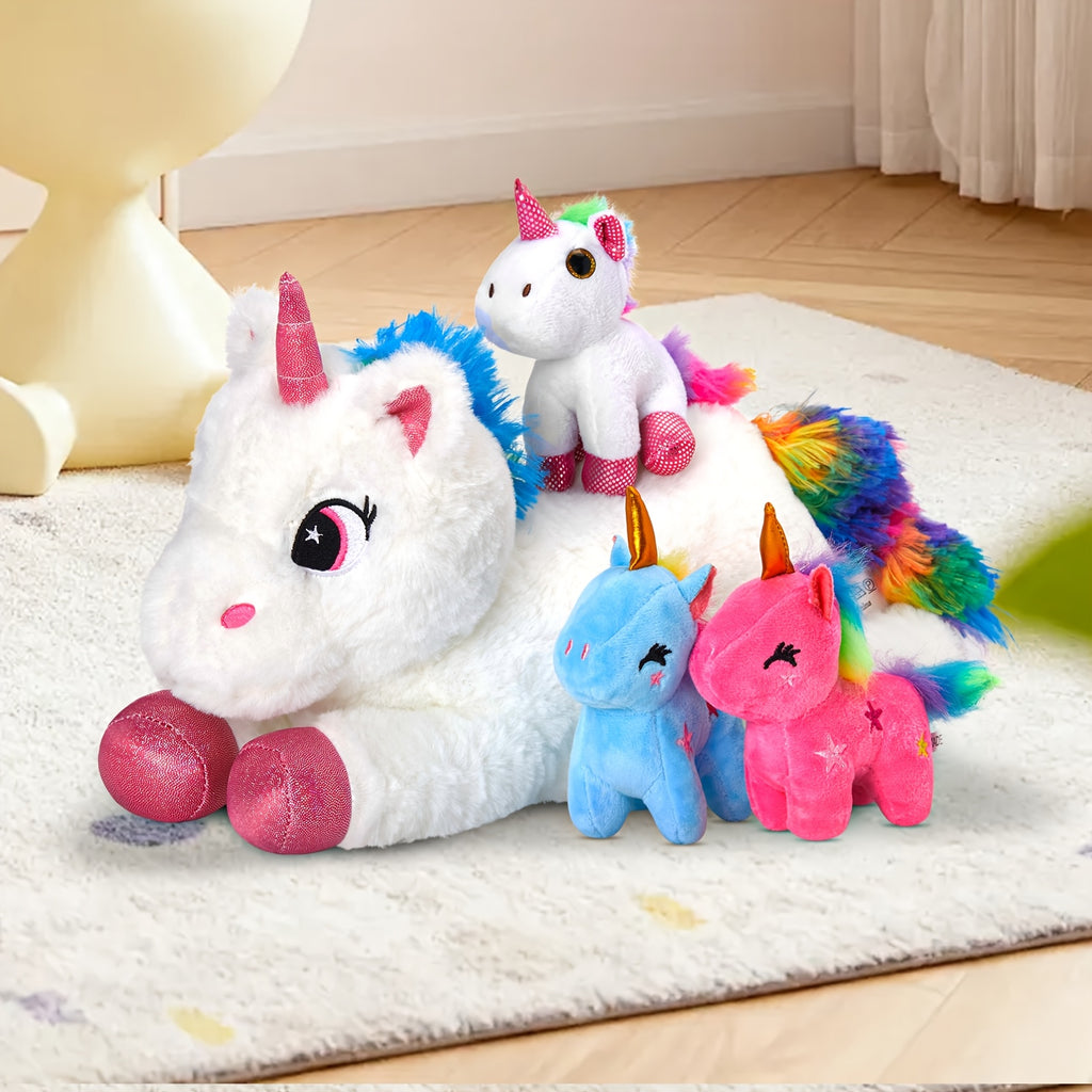 Set of Unicorn Plush Toys, Adorable Stuffed Unicorn Animal, Featuring a Unicorn Mother with Four Baby Unicorns, Perfect Birthday Present for Kids, Great As Companion Toys for Children, Ideal for Party Decor, Soft Pillow, Toy for Kids