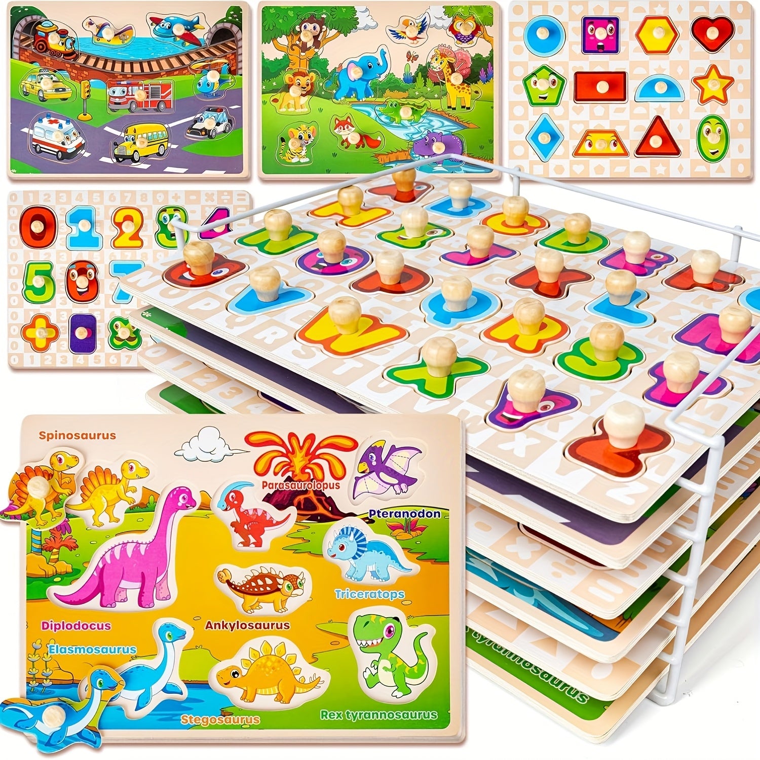 Wooden Puzzles for Toddlers 1-3, 6XSET Puzzles for Toddlers 2-4 with Rack, Learning Alphabet Number Shape Animal Dinosaur Vehicle, Education Toddler Puzzles Toys Gifts for 2 3 Years Boys Girls