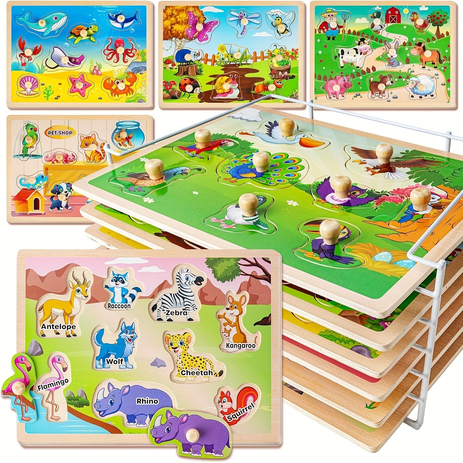Wooden Puzzles for Toddlers 1-3, 6XSET Puzzles for Toddlers 2-4 with Rack, Learning Alphabet Number Shape Animal Dinosaur Vehicle, Education Toddler Puzzles Toys Gifts for 2 3 Years Boys Girls
