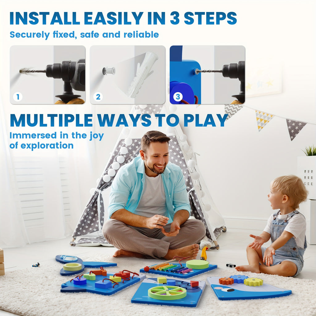 BlueWood Wooden Whale Wall Busy Board Panels, Toddler Learning Activity Center, Interactive Charts, Learning & Education, Educational Toys, Conducive To All-Round Development, Perfect For Toddler Playroom & Daycare, Toddler Room Decor, Easter Gifts
