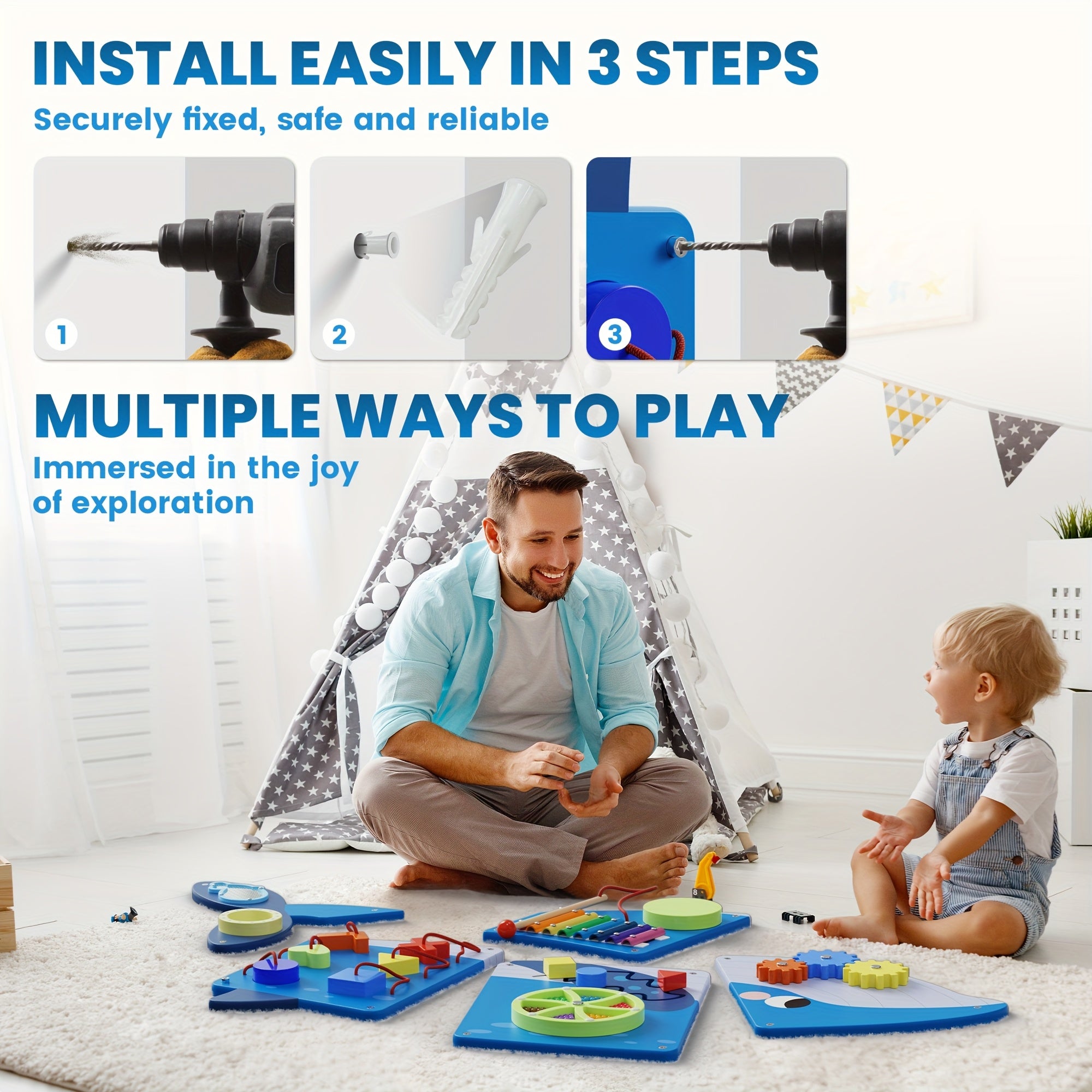 BlueWood Wooden Whale Wall Busy Board Panels, Toddler Learning Activity Center, Interactive Charts, Learning & Education, Educational Toys, Conducive To All-Round Development, Perfect For Toddler Playroom & Daycare, Toddler Room Decor, Easter Gifts