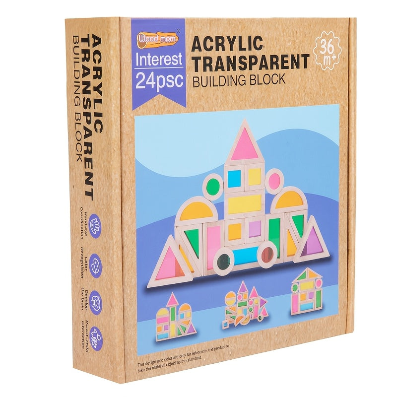 Wooden Building Blocks with Wood Frame & Acrylic Panels - Rainbow Multicolor Puzzle Play, Shape Sorting & Learning Suitable for, Parent-Child Interactive Creative Building Blocks (Ideal Gift)