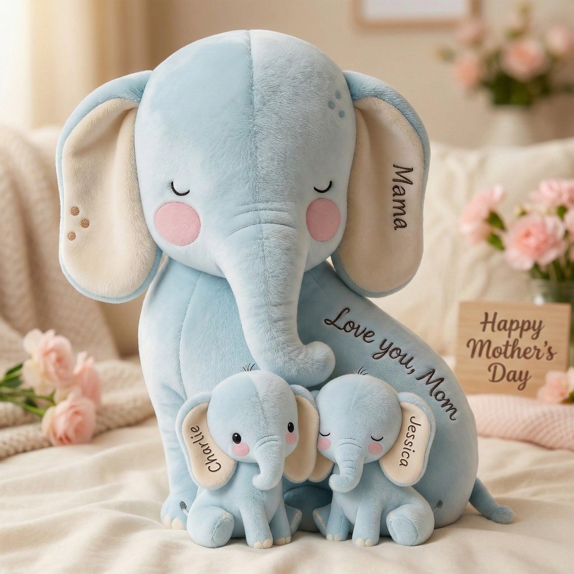 Personalized Snuggle Elephant Mom Shape Pillow, Custom Name Mommy And Kids Cute Plush Pillow, Mother Day Pillow, Gift For Mom