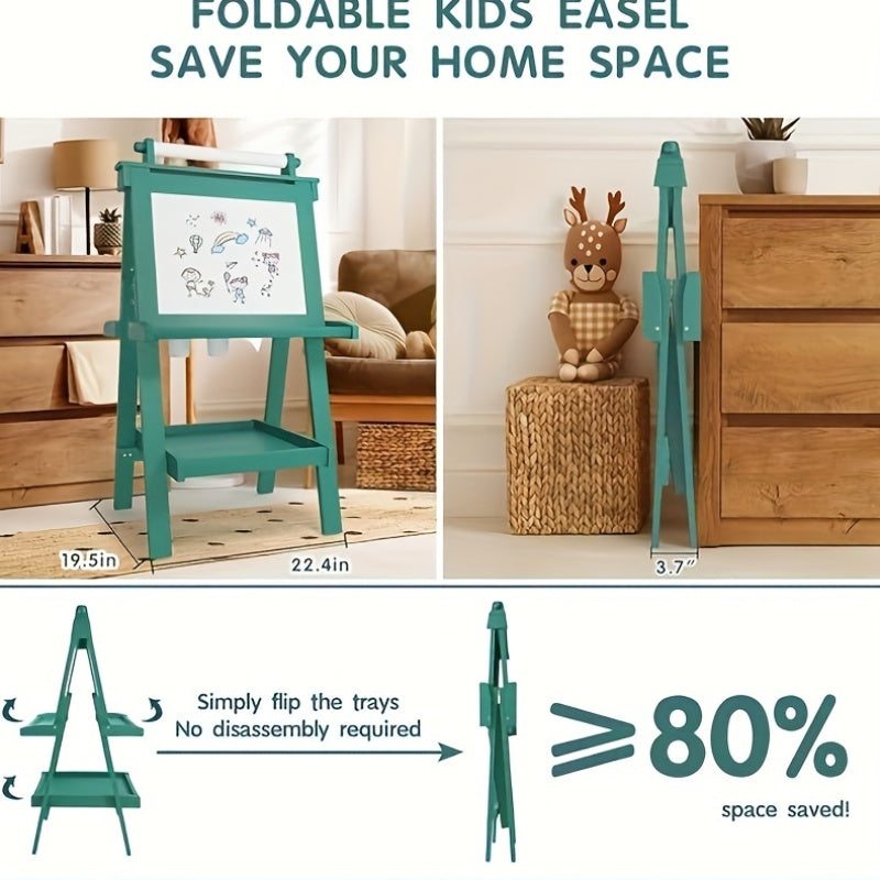 Deluxe Foldable Easel for Toddlers, Featuring a Paper Roll And 84 Additions, Including a Magnetic Chalkboard And Whiteboard, Designed for Boys And Girls in Green