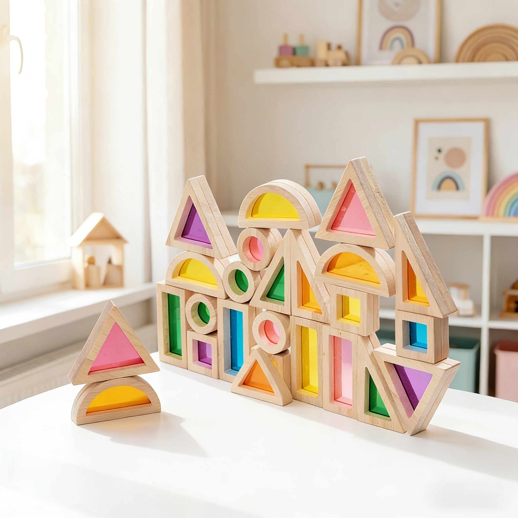Wooden Building Blocks with Wood Frame & Acrylic Panels - Rainbow Multicolor Puzzle Play, Shape Sorting & Learning Suitable for, Parent-Child Interactive Creative Building Blocks (Ideal Gift)