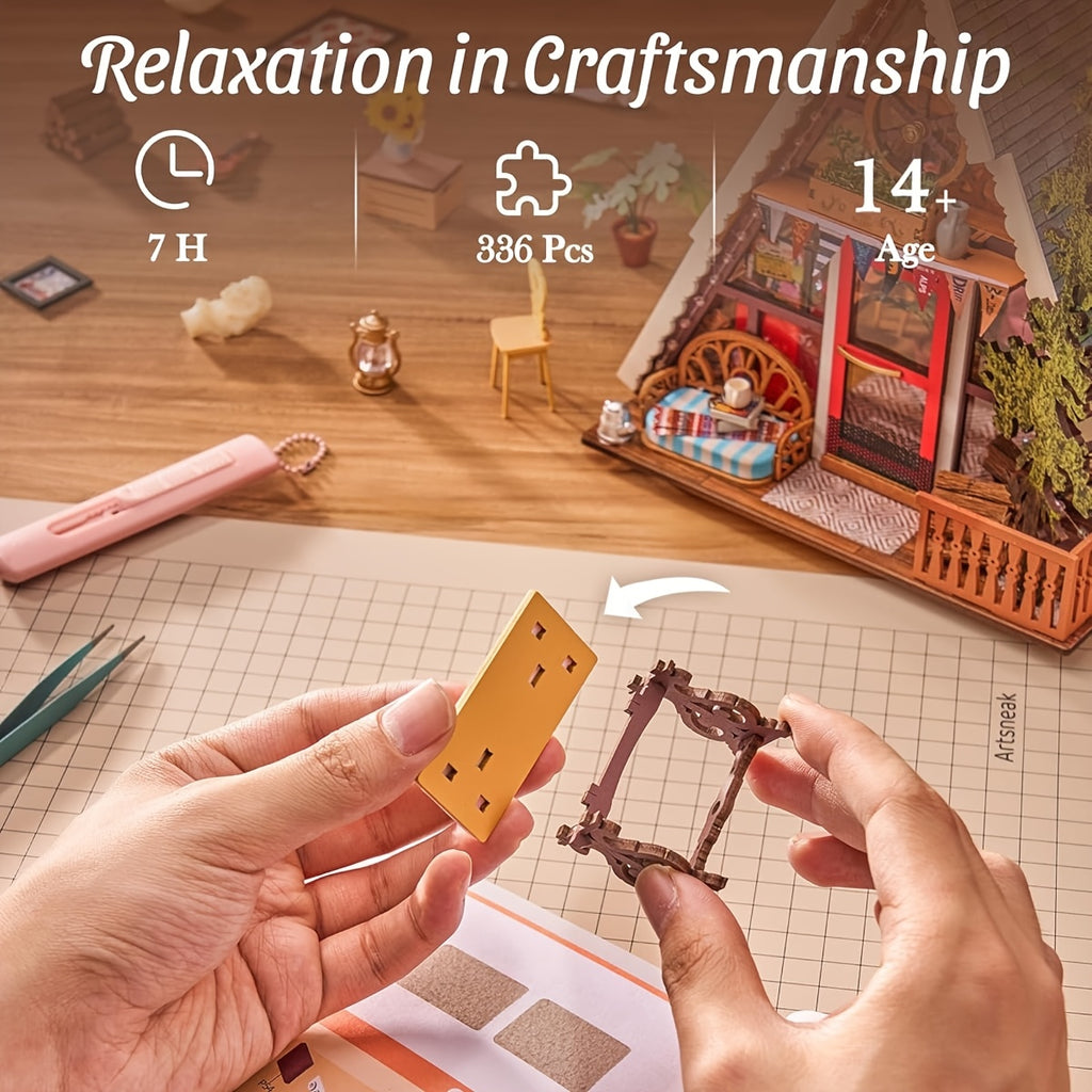 ROBOTIME 3D Wooden Puzzle A-Frame Cabin Mini Dollhouse - Wood Building Suitable for Adults & 14+, Tiny House Diorama with Panels, DIY Craft Gift for Decor, Dollhouse Kits