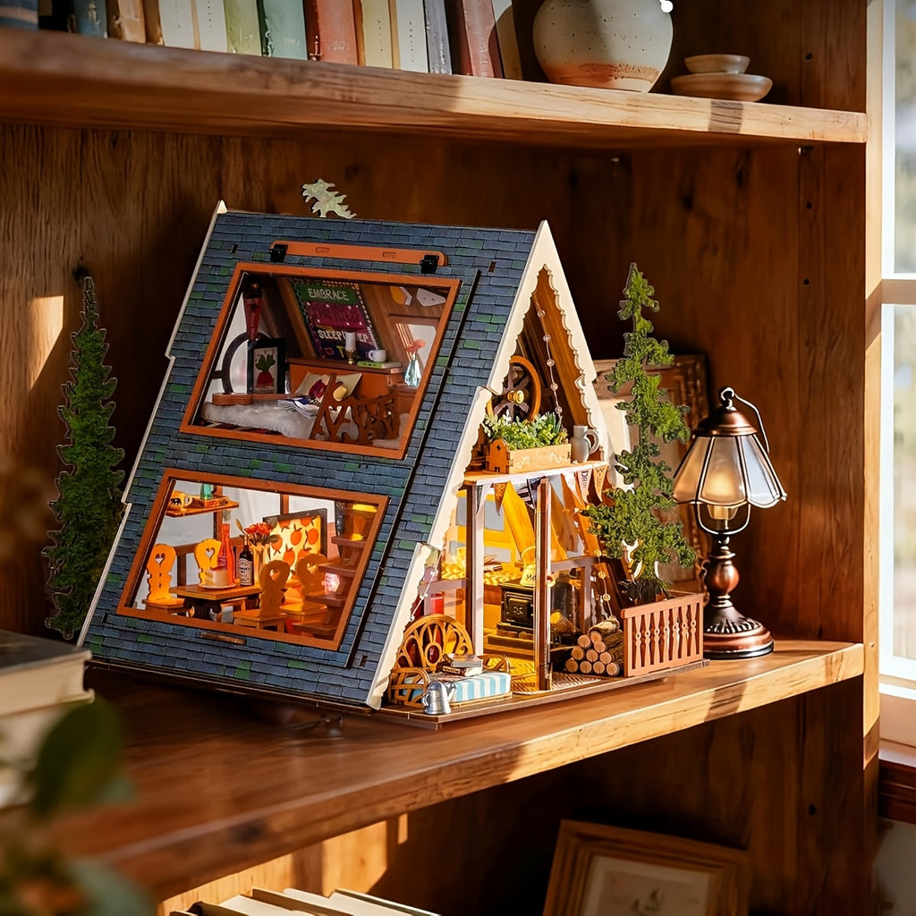 ROBOTIME 3D Wooden Puzzle A-Frame Cabin Mini Dollhouse - Wood Building Suitable for Adults & 14+, Tiny House Diorama with Panels, DIY Craft Gift for Decor, Dollhouse Kits