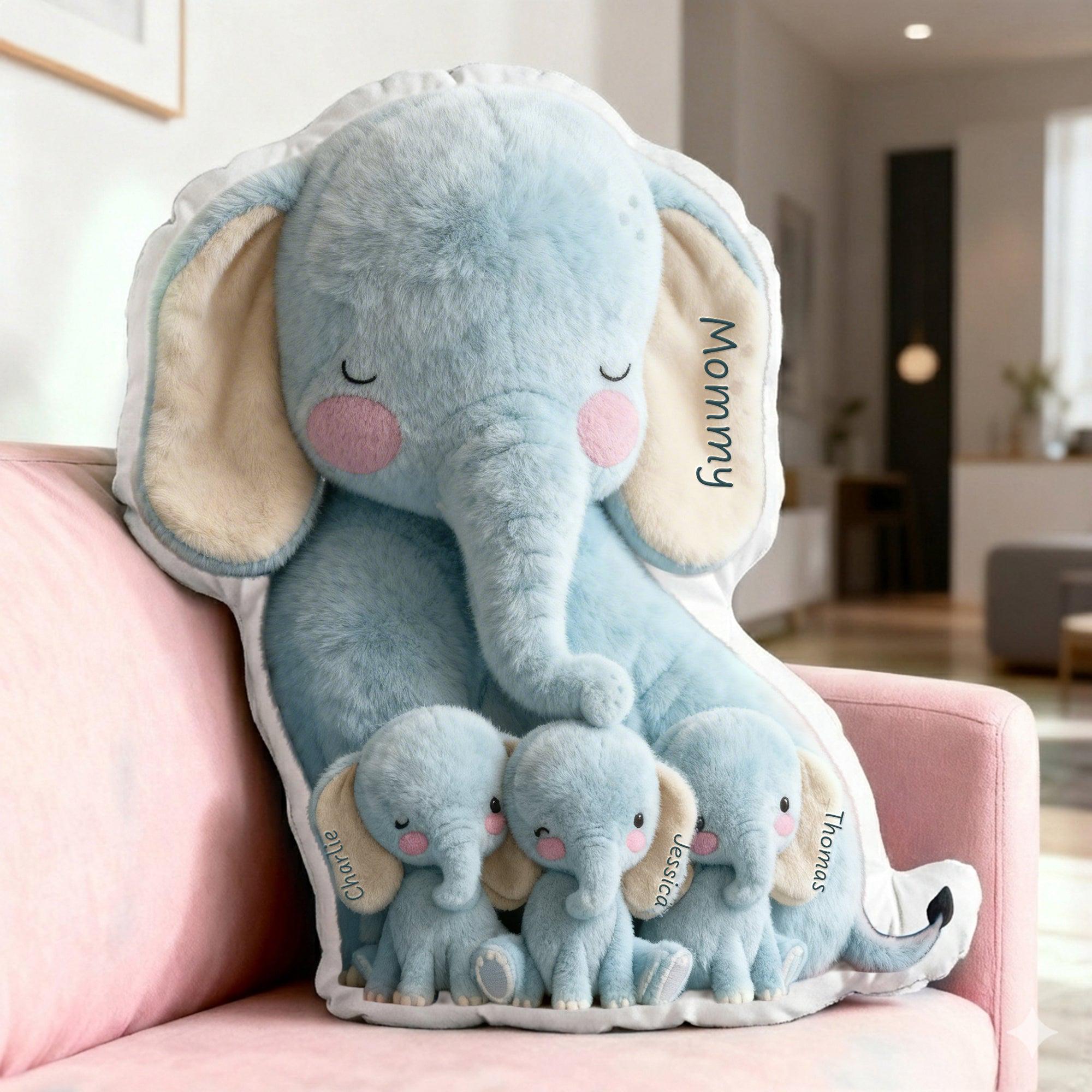Personalized Snuggle Elephant Mom Shape Pillow, Custom Name Mommy And Kids Cute Plush Pillow, Mother Day Pillow, Gift For Mom