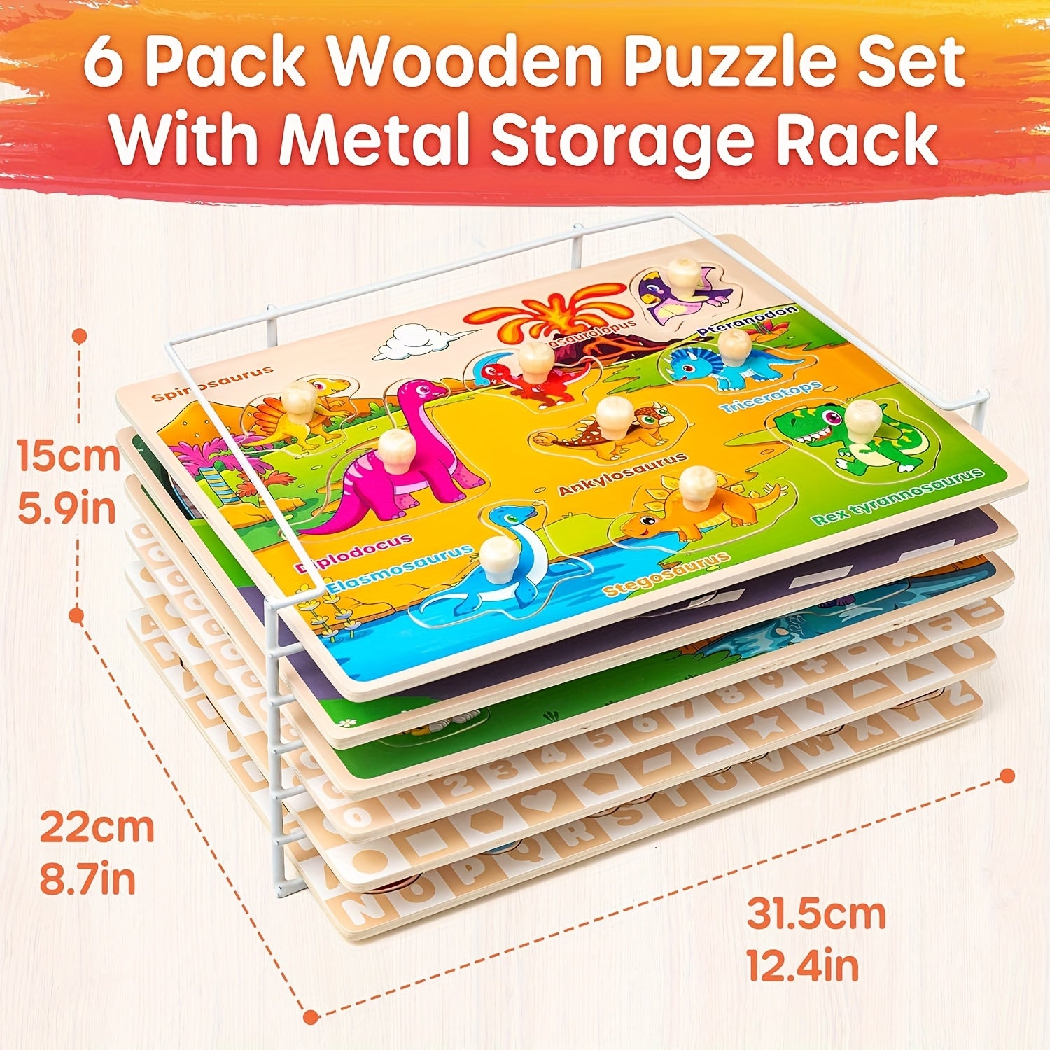 Wooden Puzzles for Toddlers 1-3, 6XSET Puzzles for Toddlers 2-4 with Rack, Learning Alphabet Number Shape Animal Dinosaur Vehicle, Education Toddler Puzzles Toys Gifts for 2 3 Years Boys Girls