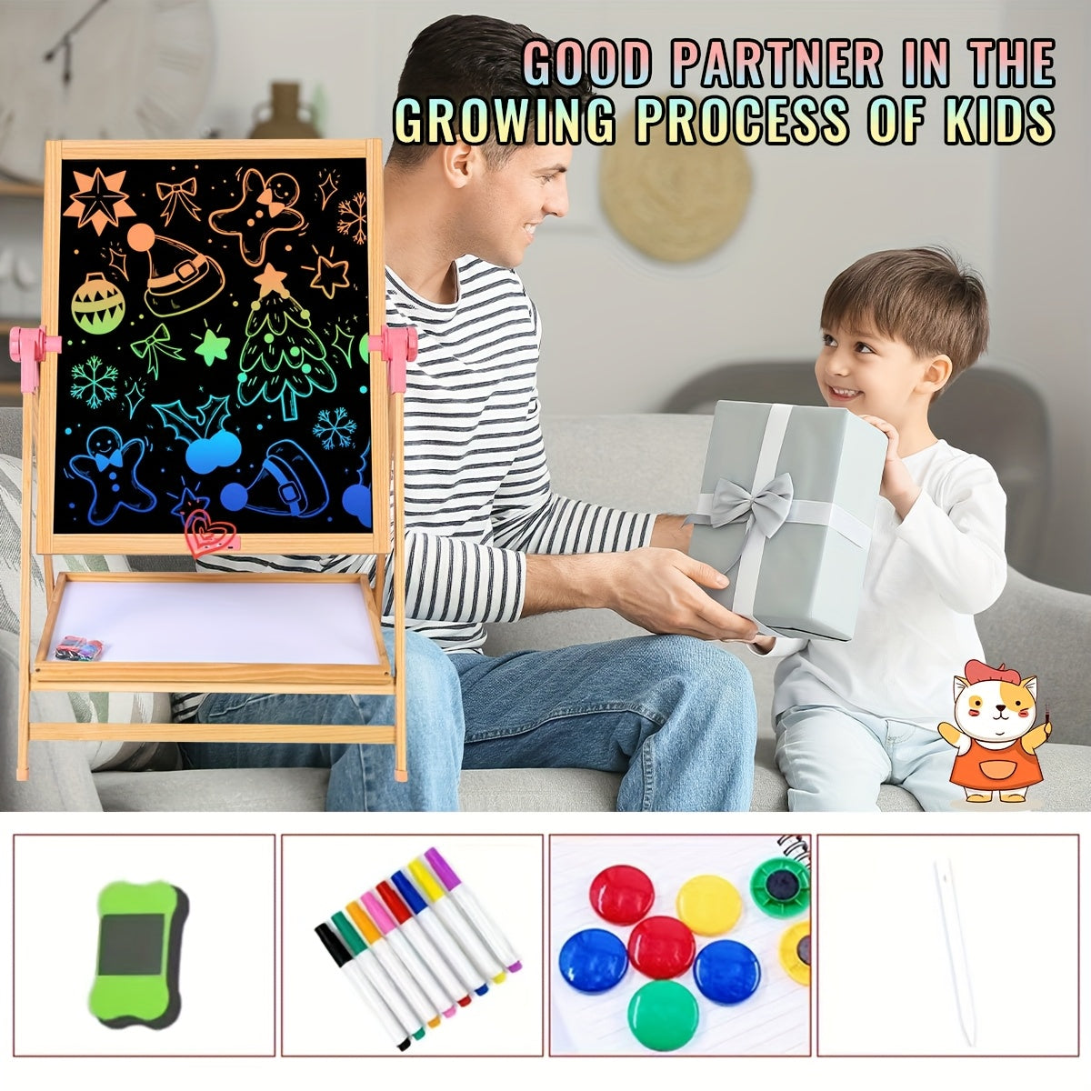 One Colorful LCD Writing Tablet Designed for Children, Featuring a Dual-Sided Writing Surface, an Electronic Whiteboard, And an Adjustable Stand Suitable for Home, Office, And Classroom Settings, Perfect for Teaching, Drawing, And Writing