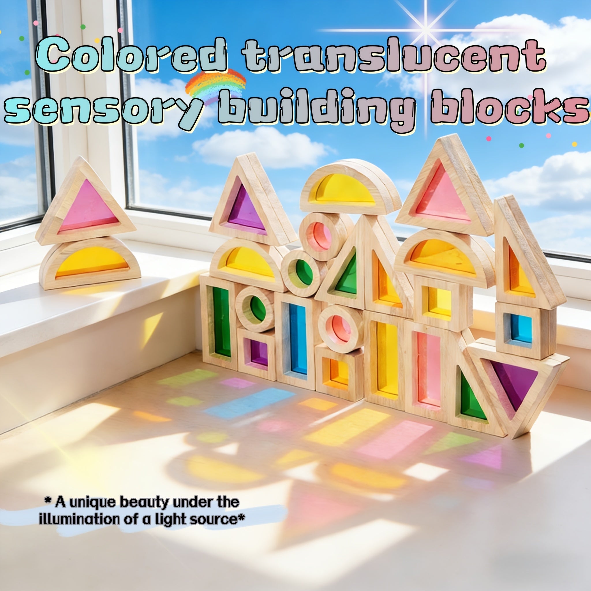 Wooden Building Blocks with Wood Frame & Acrylic Panels - Rainbow Multicolor Puzzle Play, Shape Sorting & Learning Suitable for, Parent-Child Interactive Creative Building Blocks (Ideal Gift)