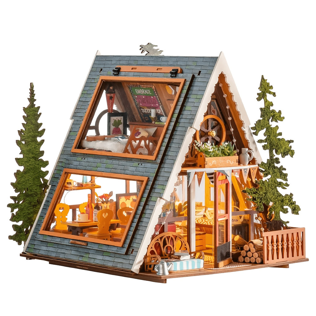 ROBOTIME 3D Wooden Puzzle A-Frame Cabin Mini Dollhouse - Wood Building Suitable for Adults & 14+, Tiny House Diorama with Panels, DIY Craft Gift for Decor, Dollhouse Kits