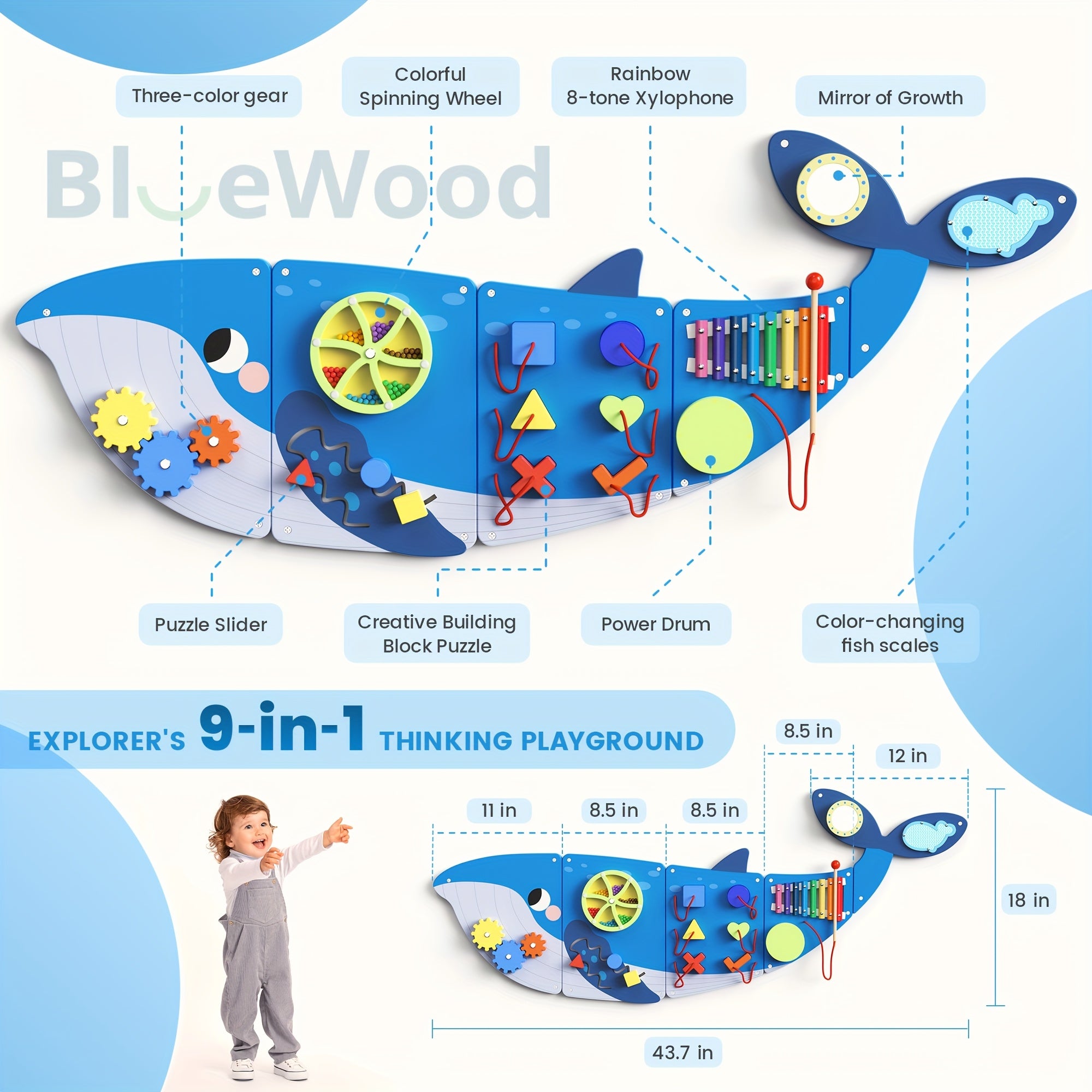 BlueWood Wooden Whale Wall Busy Board Panels, Toddler Learning Activity Center, Interactive Charts, Learning & Education, Educational Toys, Conducive To All-Round Development, Perfect For Toddler Playroom & Daycare, Toddler Room Decor, Easter Gifts