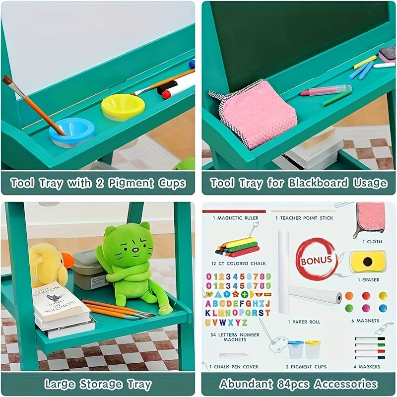 Deluxe Foldable Easel for Toddlers, Featuring a Paper Roll And 84 Additions, Including a Magnetic Chalkboard And Whiteboard, Designed for Boys And Girls in Green