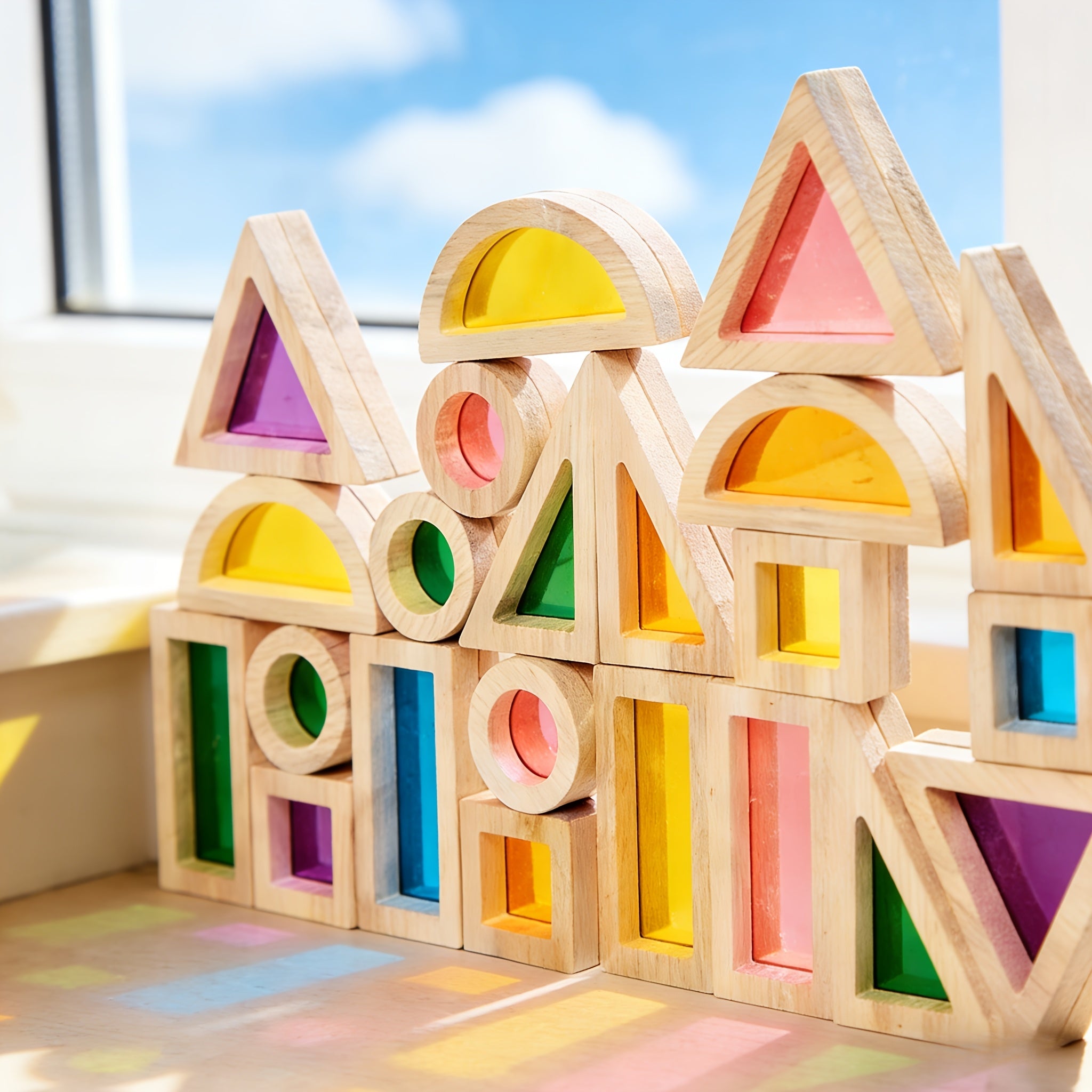 Wooden Building Blocks with Wood Frame & Acrylic Panels - Rainbow Multicolor Puzzle Play, Shape Sorting & Learning Suitable for, Parent-Child Interactive Creative Building Blocks (Ideal Gift)
